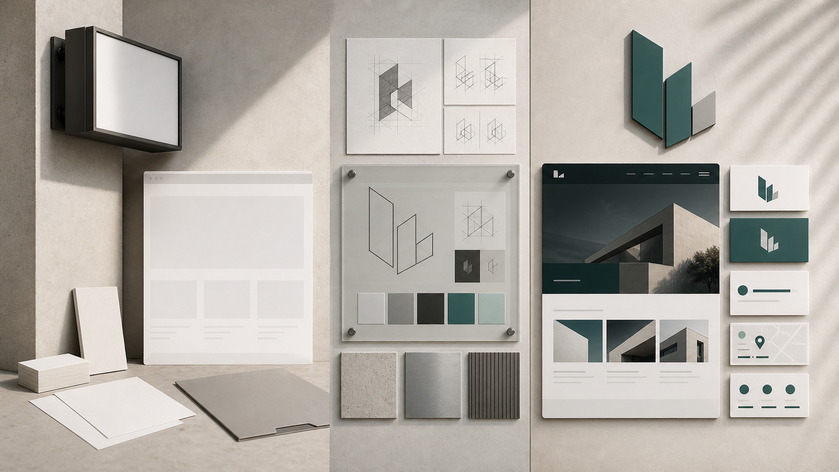 New business launch materials progressing from blank identity to complete website, logo, and brand assets