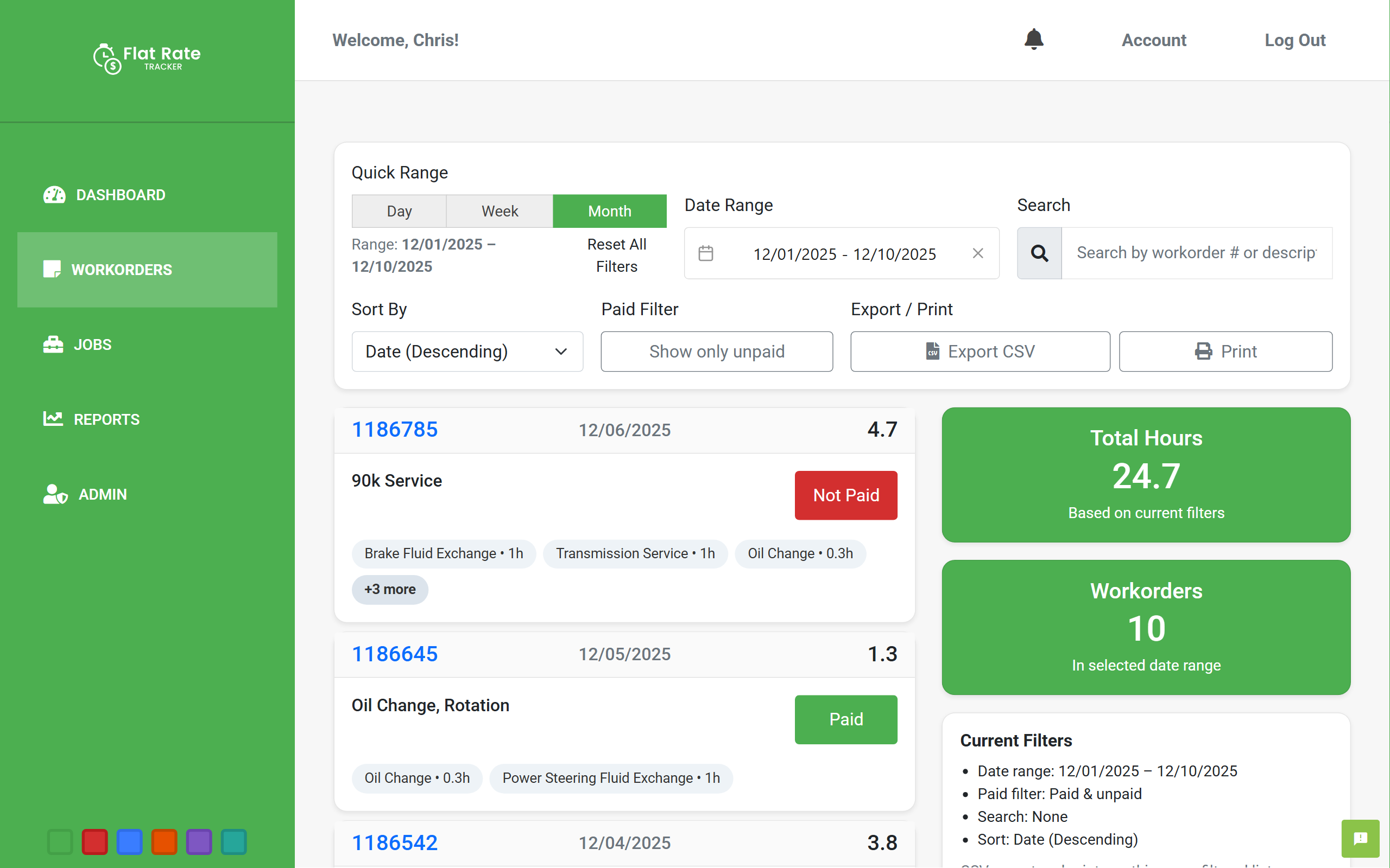Flat Rate Tracker workorders dashboard screenshot